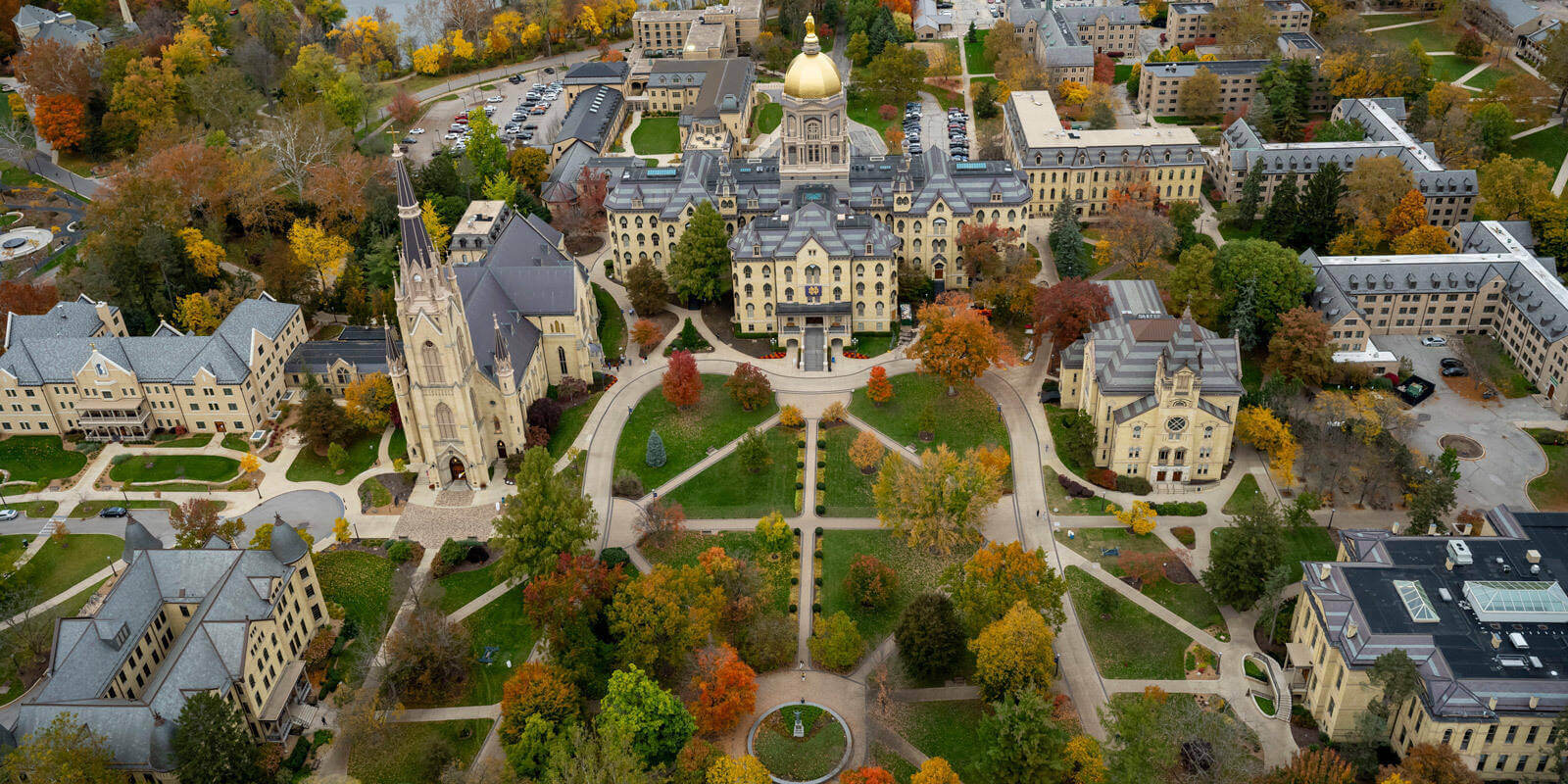 Aerial view of the main quad and the Golden Dome of the University of Notre Dame in autumn 2023.